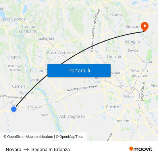 Novara to Besana In Brianza map