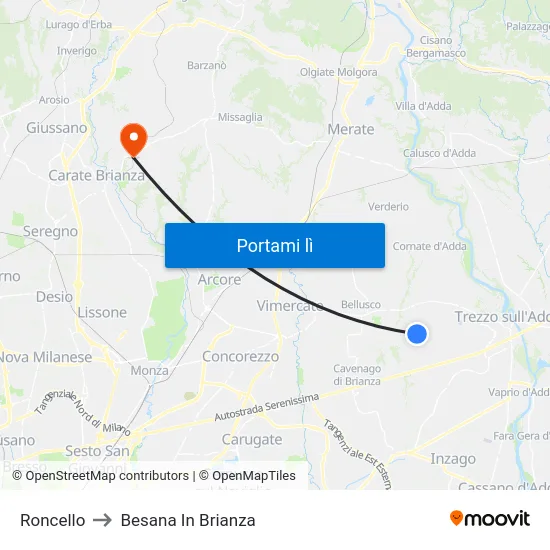 Roncello to Besana In Brianza map