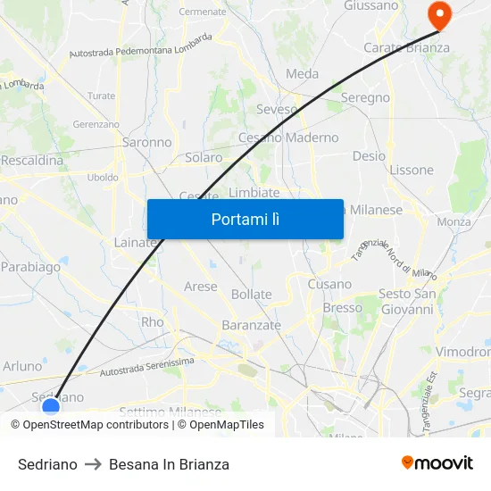 Sedriano to Besana In Brianza map