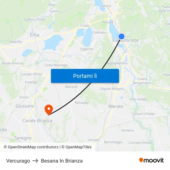 Vercurago to Besana In Brianza map