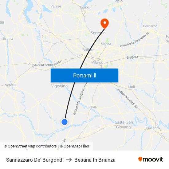 Sannazzaro De' Burgondi to Besana In Brianza map
