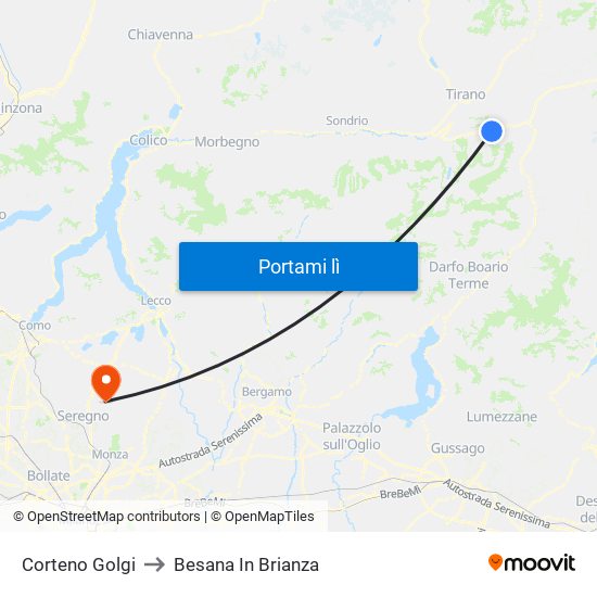 Corteno Golgi to Besana In Brianza map
