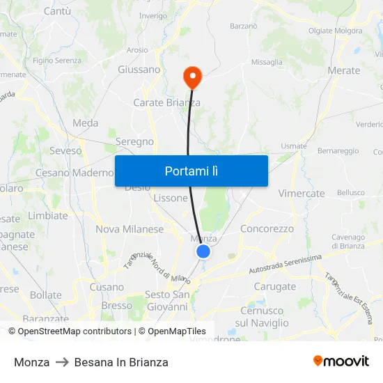 Monza to Besana In Brianza map