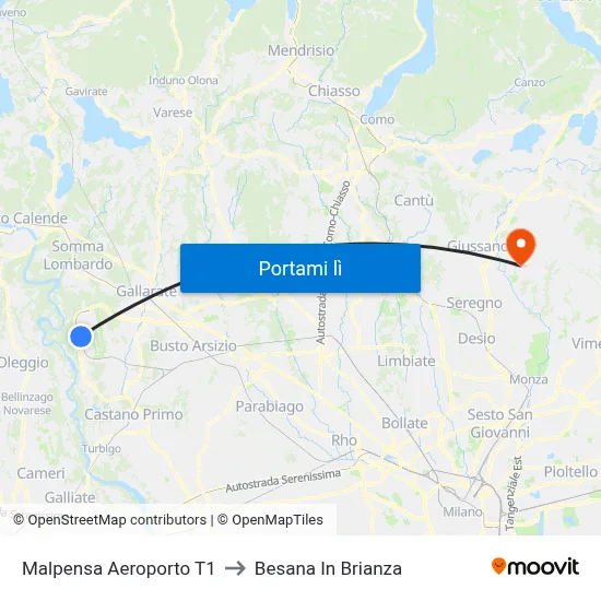 Malpensa Aeroporto T1 to Besana In Brianza map