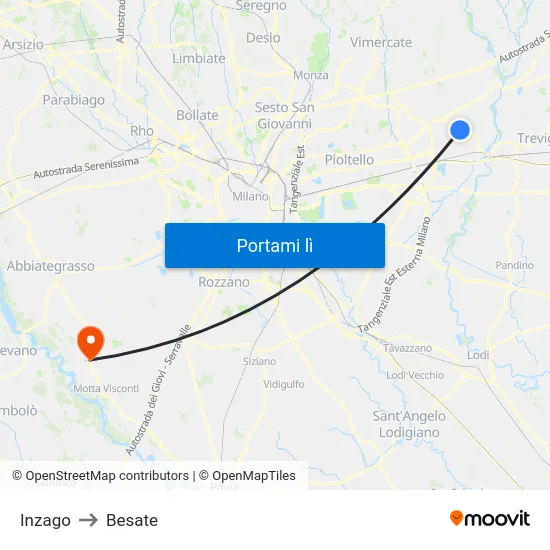 Inzago to Besate map