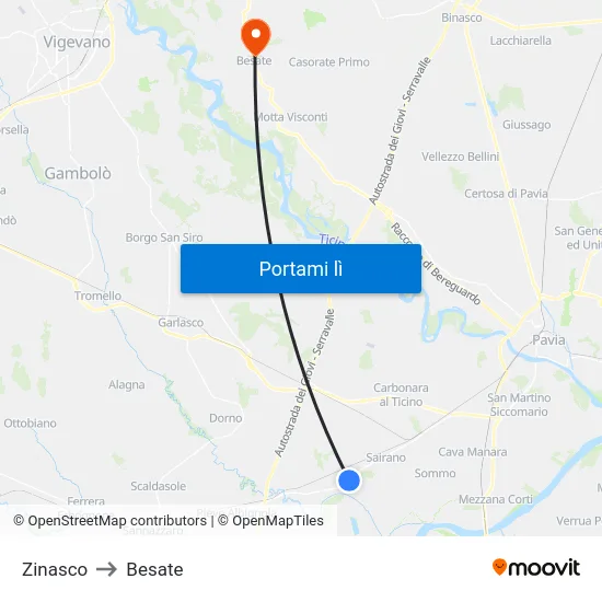 Zinasco to Besate map