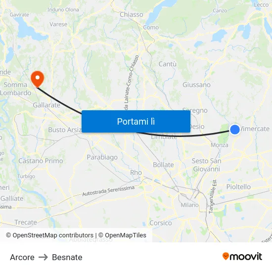 Arcore to Besnate map