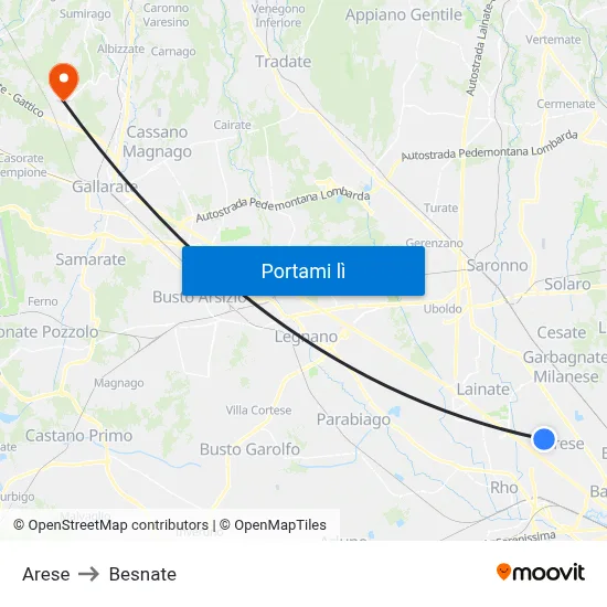 Arese to Besnate map