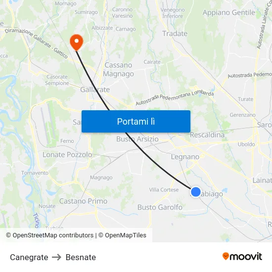 Canegrate to Besnate map