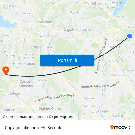 Capiago Intimiano to Besnate map