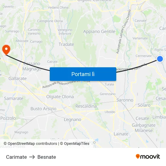 Carimate to Besnate map