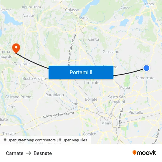 Carnate to Besnate map