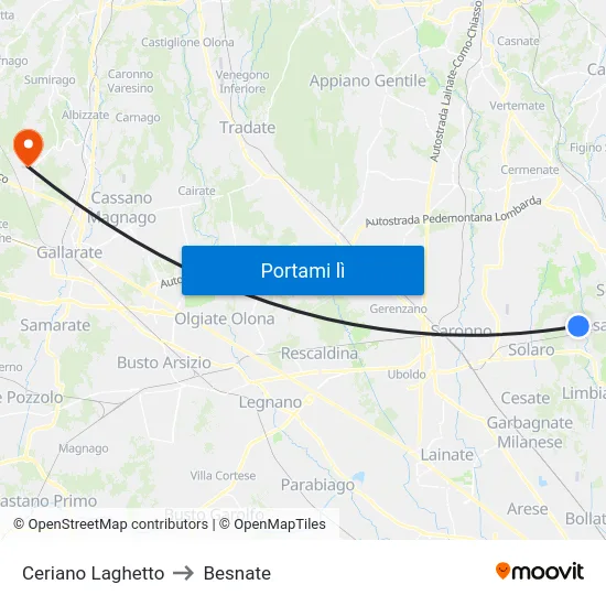 Ceriano Laghetto to Besnate map