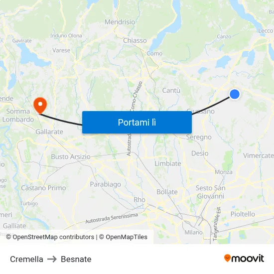Cremella to Besnate map