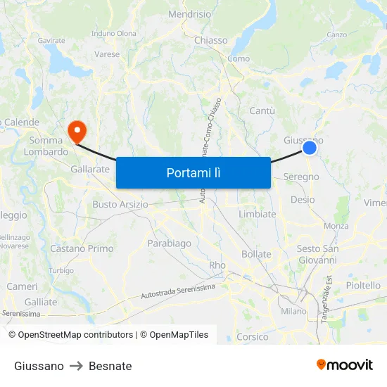 Giussano to Besnate map