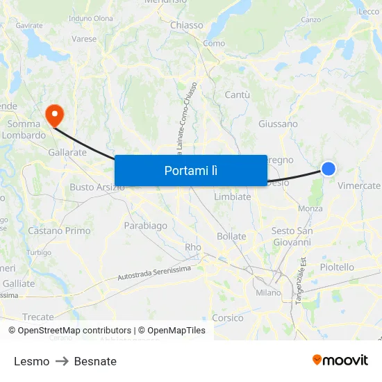 Lesmo to Besnate map
