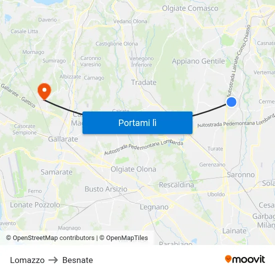 Lomazzo to Besnate map
