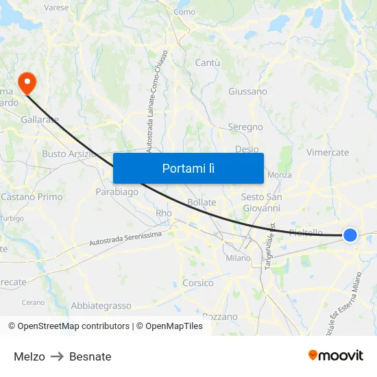 Melzo to Besnate map