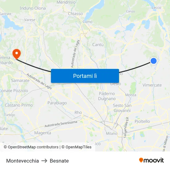 Montevecchia to Besnate map