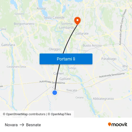 Novara to Besnate map