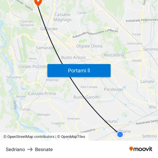 Sedriano to Besnate map