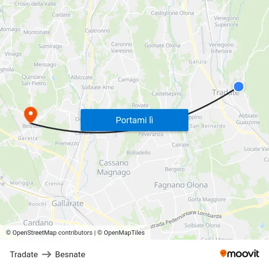 Tradate to Besnate map