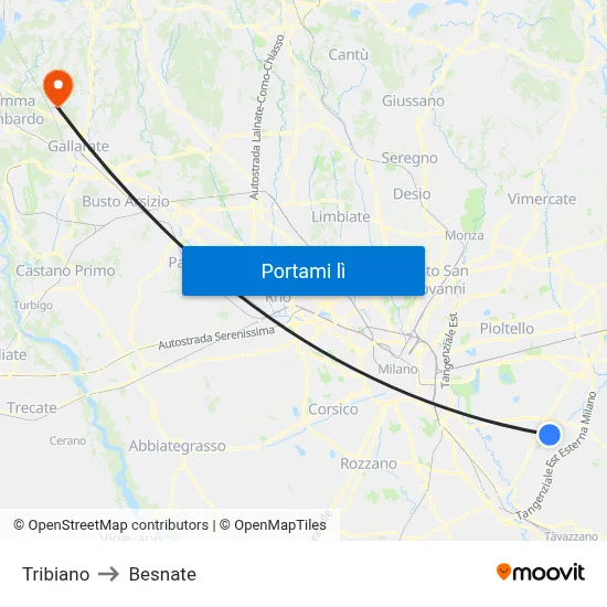 Tribiano to Besnate map