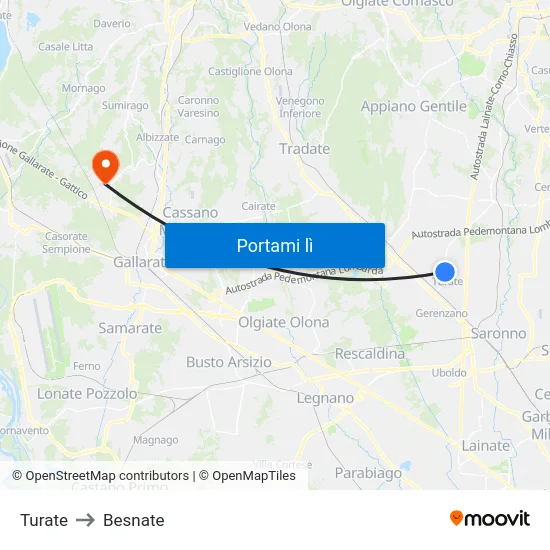 Turate to Besnate map