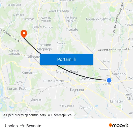 Uboldo to Besnate map