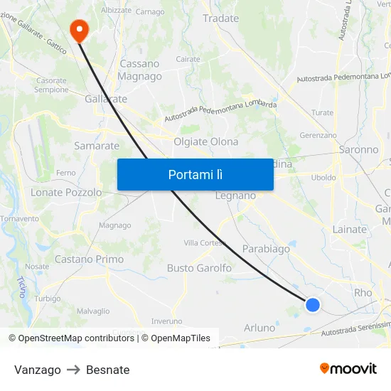 Vanzago to Besnate map