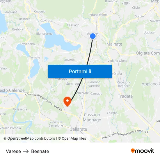 Varese to Besnate map