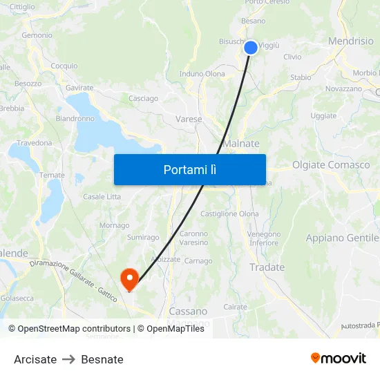 Arcisate to Besnate map