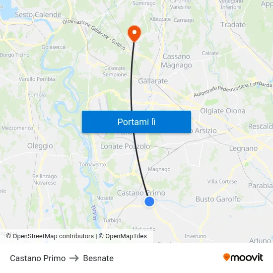 Castano Primo to Besnate map