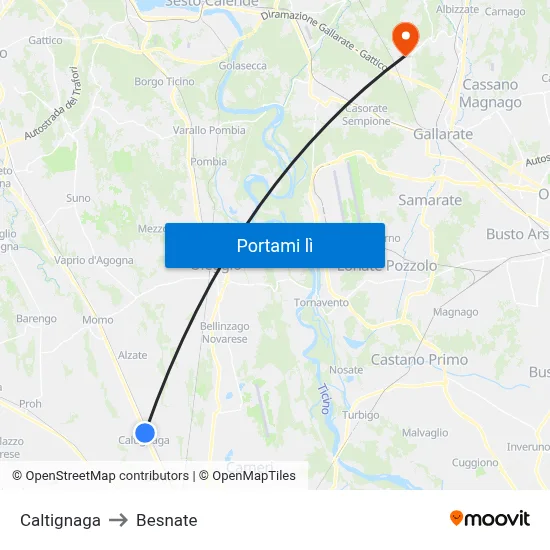 Caltignaga to Besnate map