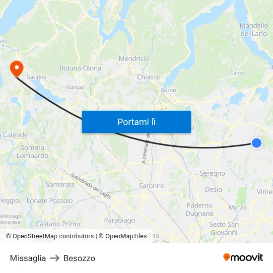Missaglia to Besozzo map