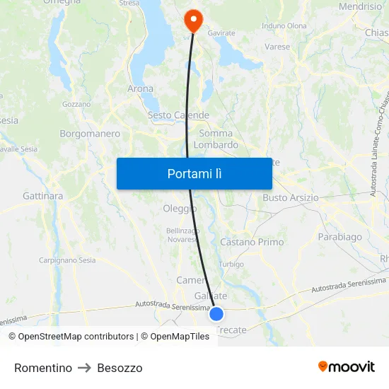 Romentino to Besozzo map