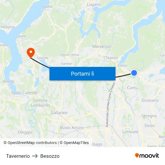 Tavernerio to Besozzo map