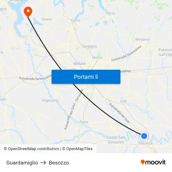 Guardamiglio to Besozzo map