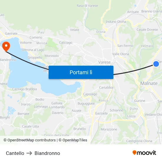 Cantello to Biandronno map