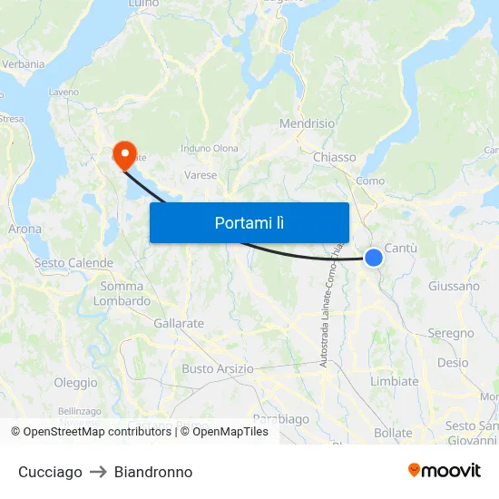 Cucciago to Biandronno map