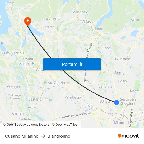 Cusano Milanino to Biandronno map