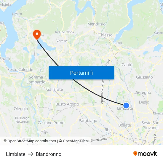 Limbiate to Biandronno map