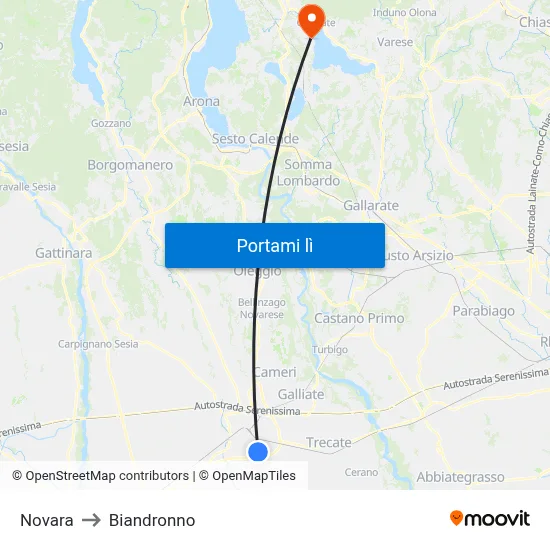 Novara to Biandronno map