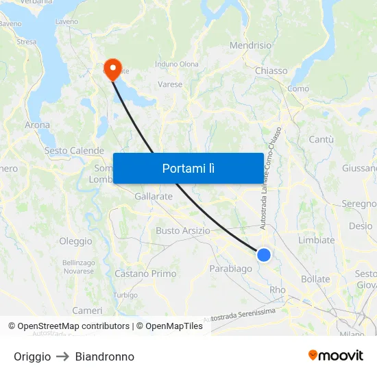 Origgio to Biandronno map