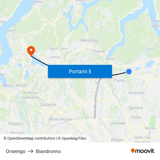 Orsenigo to Biandronno map