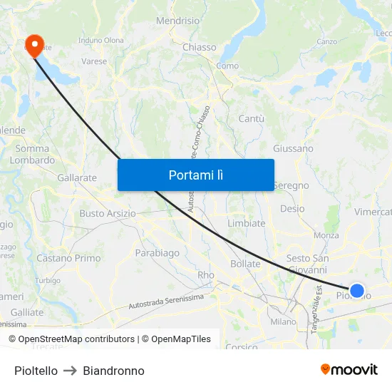 Pioltello to Biandronno map