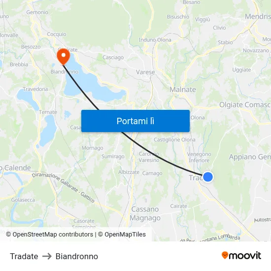 Tradate to Biandronno map