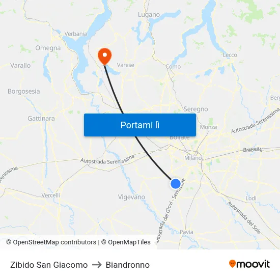 Zibido San Giacomo to Biandronno map
