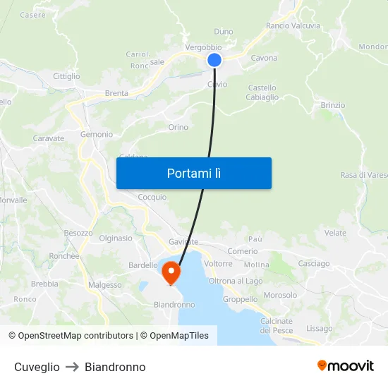 Cuveglio to Biandronno map