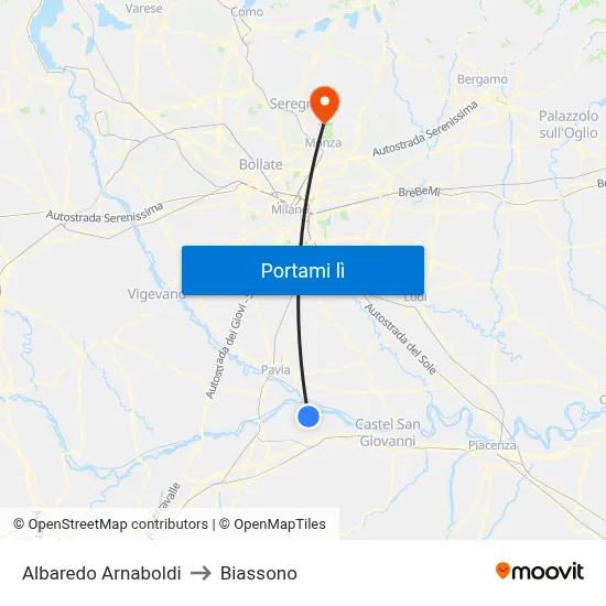 Albaredo Arnaboldi to Biassono map